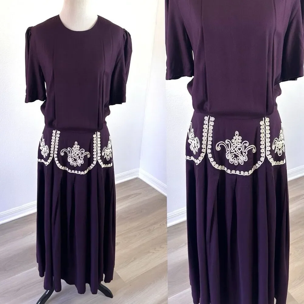 Vintage 80s Plaza South Purple Cottage core Prairie Dress White Lace Detail 10